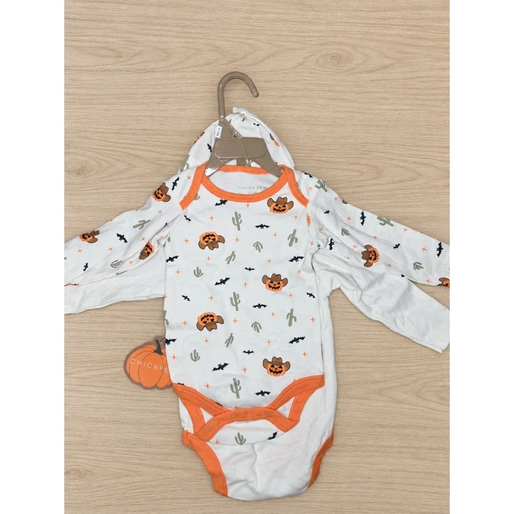 Chickpea Baby Howdy Pumpkin Halloween Bodysuit Hat Set 3pc White Orange 6-9M